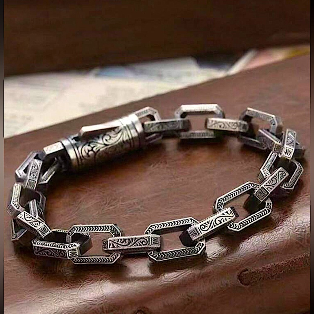Stainless Steel Chain Link Bracelet, Mantra, Curb Hand Woven Engraved